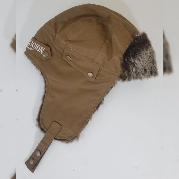 TRUE RELIGION FAUX FUR TRAPPER AVIATOR HAT STITCHED WITH PATCH ICONIC LOGO BROWN - Picture 4 of 6
